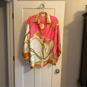 JB by Julie Brown Pink, White & Gold Chain Print Silk Blouse